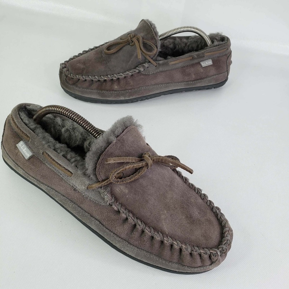 LL Bean Wicked Good Moccasin Slippers Men's Size 10 Gray Suede Shearling